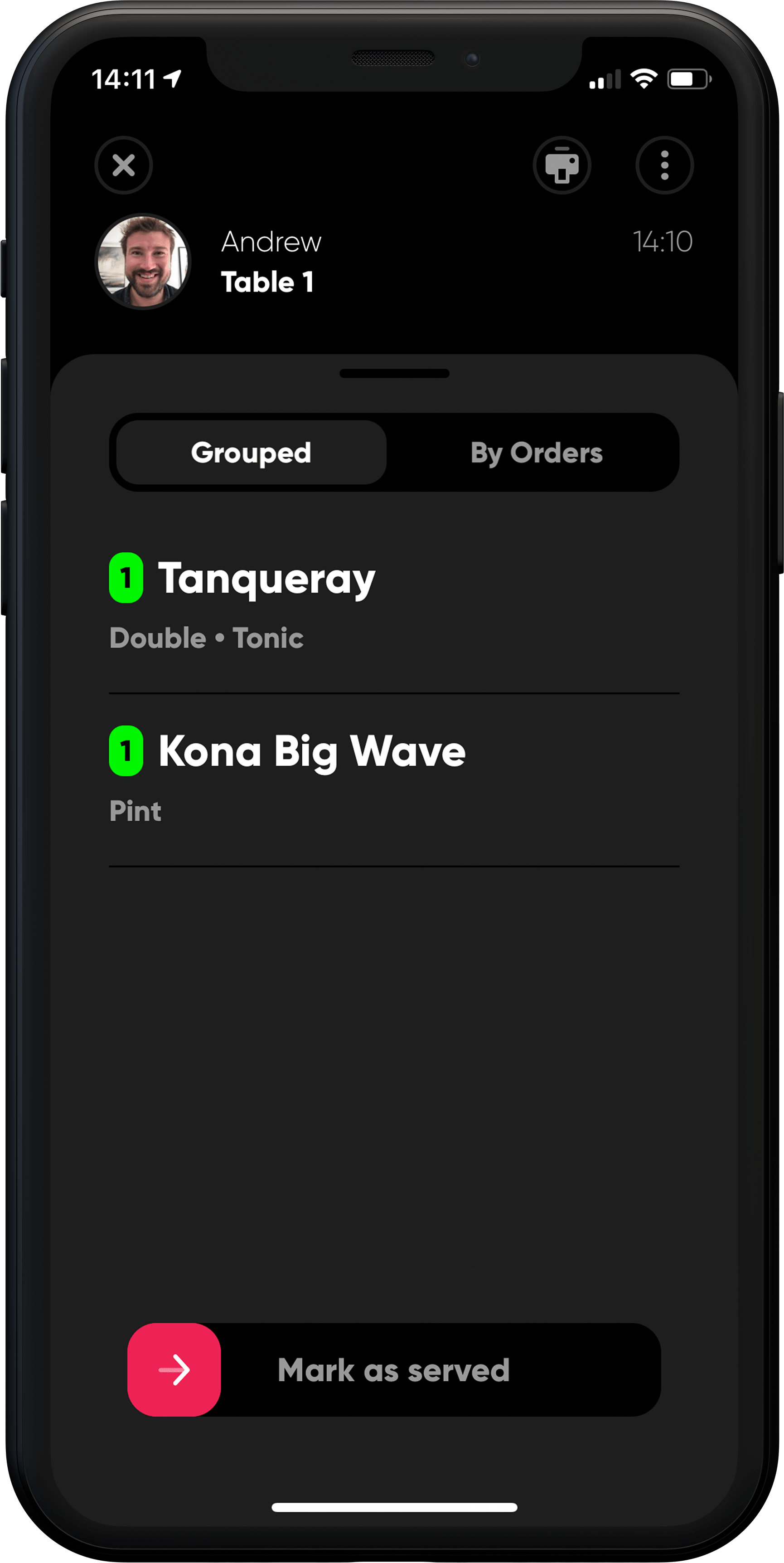 Ontapp view of individual order. Picked order.